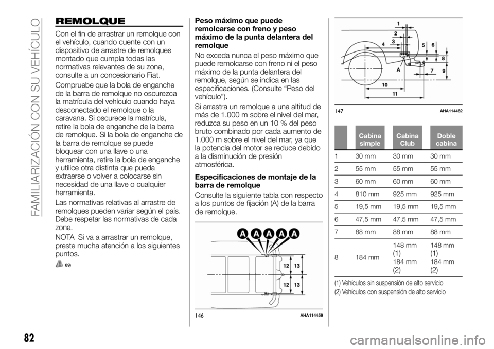 FIAT FULLBACK 2017  Manual de Empleo y Cuidado (in Spanish) REMOLQUE
Con el fin de arrastrar un remolque con
el vehículo, cuando cuente con un
dispositivo de arrastre de remolques
montado que cumpla todas las
normativas relevantes de su zona,
consulte a un co