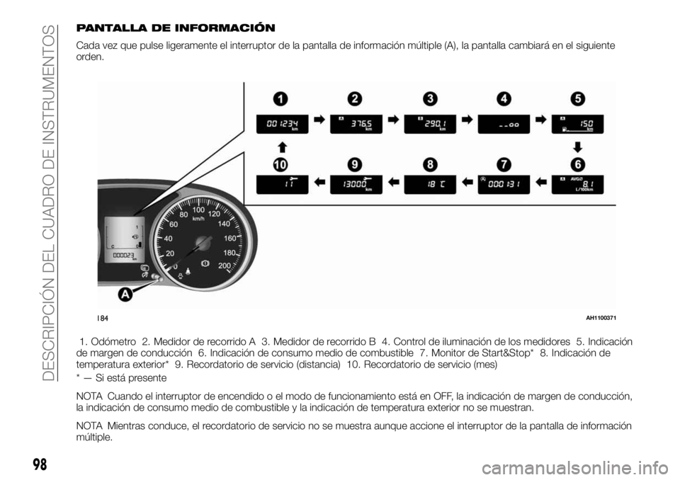 FIAT FULLBACK 2017 Manual de Empleo y Cuidado (in Spanish) PANTALLA DE INFORMACIÓN
Cada vez que pulse ligeramente el interruptor de la pantalla de información múltiple (A), la pantalla cambiará en el siguiente
orden.
1. Odómetro 2. Medidor de recorrido A FIAT FULLBACK 2017 Manual de Empleo y Cuidado (in Spanish) PANTALLA DE INFORMACIÓN
Cada vez que pulse ligeramente el interruptor de la pantalla de información múltiple (A), la pantalla cambiará en el siguiente
orden.
1. Odómetro 2. Medidor de recorrido A