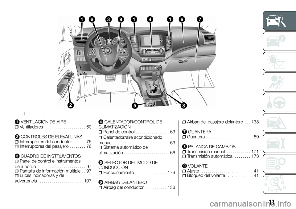 FIAT FULLBACK 2018  Manual de Empleo y Cuidado (in Spanish) VENTILACIÓN DE AIREVentiladores..................... 60
CONTROLES DE ELEVALUNASInterruptores del conductor...... 76Interruptores del pasajero........ 76
CUADRO DE INSTRUMENTOSPanel de control e instr