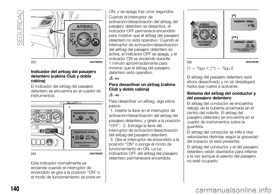 FIAT FULLBACK 2018 Manual de Empleo y Cuidado (in Spanish) Indicador del airbag del pasajero
delantero (cabina Club y doble
cabina)
El indicador del airbag del pasajero
delantero se encuentra en el cuadro de
instrumentos.
Este indicador normalmente se
enciend FIAT FULLBACK 2018 Manual de Empleo y Cuidado (in Spanish) Indicador del airbag del pasajero
delantero (cabina Club y doble
cabina)
El indicador del airbag del pasajero
delantero se encuentra en el cuadro de
instrumentos.
Este indicador normalmente se
enciend