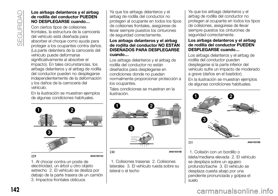 FIAT FULLBACK 2018  Manual de Empleo y Cuidado (in Spanish) Los airbags delanteros y el airbag
de rodilla del conductor PUEDEN
NO DESPLEGARSE cuando…
Con ciertos tipos de colisiones
frontales, la estructura de la carrocería
del vehículo está diseñada par