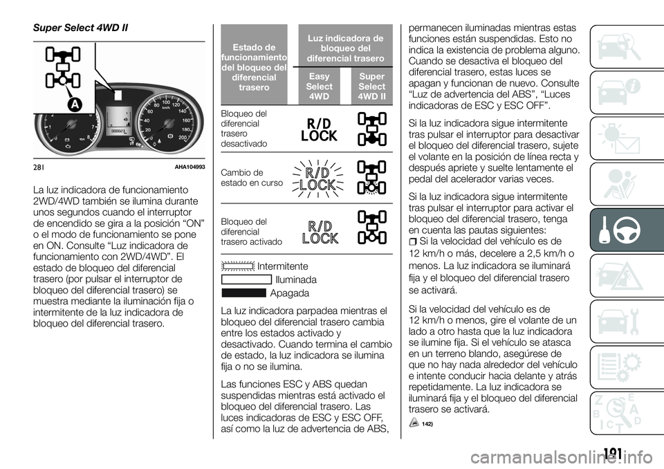 FIAT FULLBACK 2018  Manual de Empleo y Cuidado (in Spanish) Super Select 4WD II
La luz indicadora de funcionamiento
2WD/4WD también se ilumina durante
unos segundos cuando el interruptor
de encendido se gira a la posición “ON”
o el modo de funcionamiento