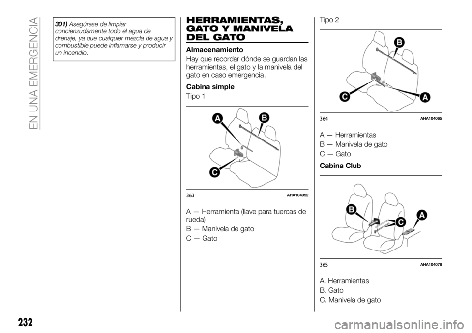 FIAT FULLBACK 2018 Manual de Empleo y Cuidado (in Spanish) 301)Asegúrese de limpiar
concienzudamente todo el agua de
drenaje, ya que cualquier mezcla de agua y
combustible puede inflamarse y producir
un incendio.HERRAMIENTAS,
GATO Y MANIVELA
DEL GATO
Almacen FIAT FULLBACK 2018 Manual de Empleo y Cuidado (in Spanish) 301)Asegúrese de limpiar
concienzudamente todo el agua de
drenaje, ya que cualquier mezcla de agua y
combustible puede inflamarse y producir
un incendio.HERRAMIENTAS,
GATO Y MANIVELA
DEL GATO
Almacen