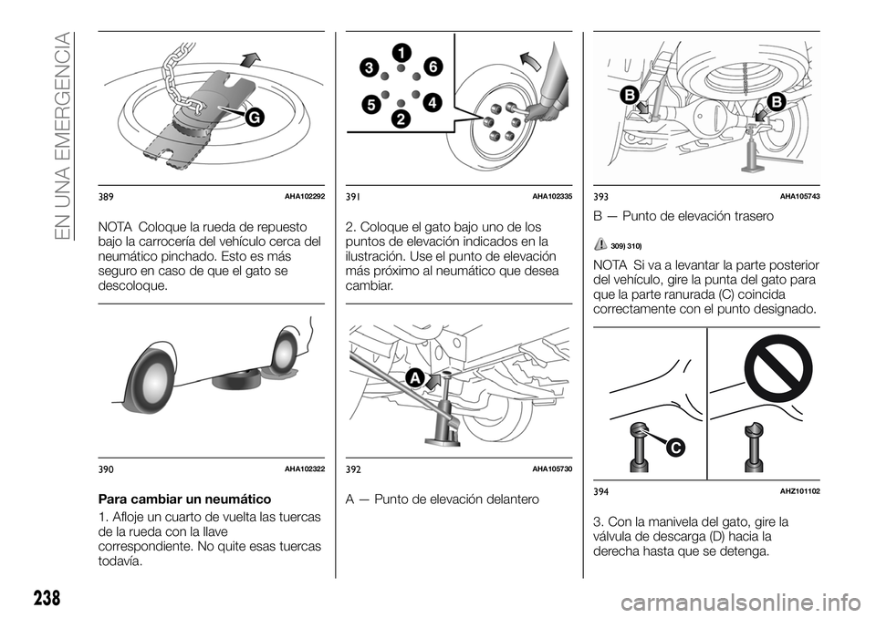 FIAT FULLBACK 2018 Manual de Empleo y Cuidado (in Spanish) NOTA Coloque la rueda de repuesto
bajo la carrocería del vehículo cerca del
neumático pinchado. Esto es más
seguro en caso de que el gato se
descoloque.
Para cambiar un neumático
1. Afloje un cua FIAT FULLBACK 2018 Manual de Empleo y Cuidado (in Spanish) NOTA Coloque la rueda de repuesto
bajo la carrocería del vehículo cerca del
neumático pinchado. Esto es más
seguro en caso de que el gato se
descoloque.
Para cambiar un neumático
1. Afloje un cua