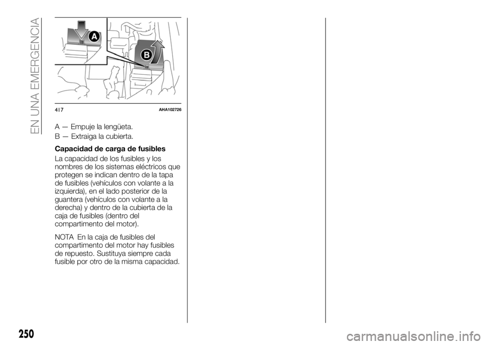 FIAT FULLBACK 2018  Manual de Empleo y Cuidado (in Spanish) A — Empuje la lengüeta.
B — Extraiga la cubierta.
Capacidad de carga de fusibles
La capacidad de los fusibles y los
nombres de los sistemas eléctricos que
protegen se indican dentro de la tapa
d
