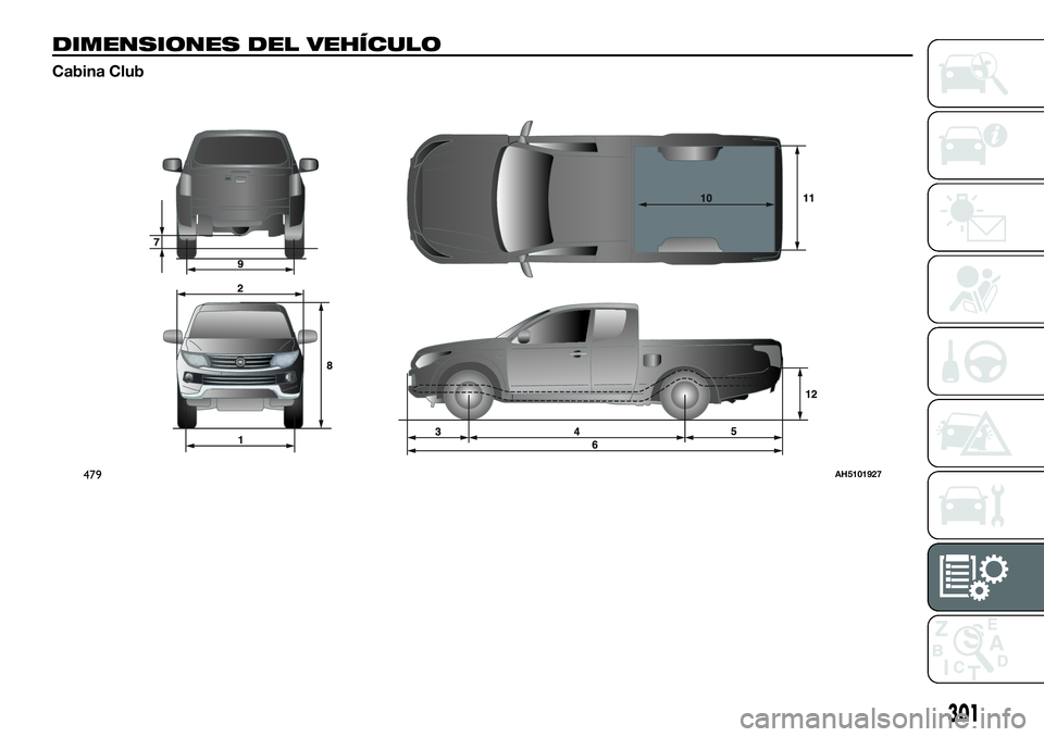 FIAT FULLBACK 2018  Manual de Empleo y Cuidado (in Spanish) DIMENSIONES DEL VEHÍCULO
Cabina Club
479AH5101927
301 