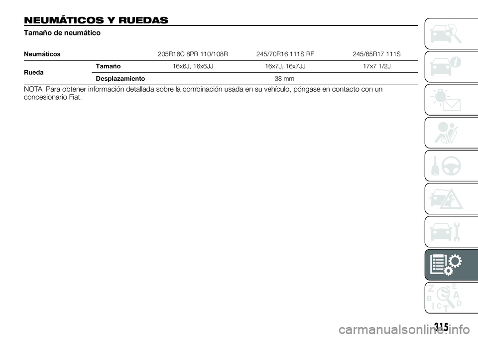FIAT FULLBACK 2018  Manual de Empleo y Cuidado (in Spanish) NEUMÁTICOS Y RUEDAS
Tamaño de neumático
Neumáticos205R16C 8PR 110/108R 245/70R16 111S RF 245/65R17 111S
RuedaTamaño16x6J, 16x6JJ 16x7J, 16x7JJ 17x7 1/2J
Desplazamiento38 mm
NOTA Para obtener info