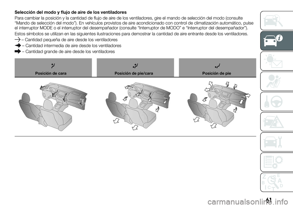 FIAT FULLBACK 2018 Manual de Empleo y Cuidado (in Spanish) Selección del modo y flujo de aire de los ventiladores
Para cambiar la posición y la cantidad de flujo de aire de los ventiladores, gire el mando de selección del modo (consulte
“Mando de selecci FIAT FULLBACK 2018 Manual de Empleo y Cuidado (in Spanish) Selección del modo y flujo de aire de los ventiladores
Para cambiar la posición y la cantidad de flujo de aire de los ventiladores, gire el mando de selección del modo (consulte
“Mando de selecci