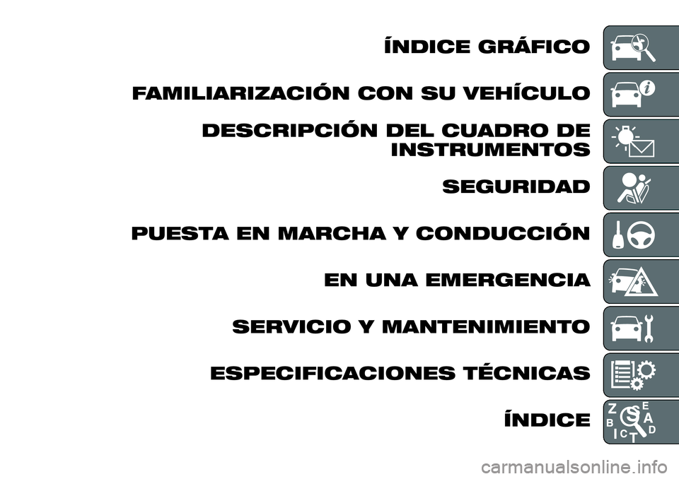 FIAT FULLBACK 2018  Manual de Empleo y Cuidado (in Spanish) ÍNDICE GRÁFICO
FAMILIARIZACIÓN CON SU VEHÍCULO
DESCRIPCIÓN DEL CUADRO DE
INSTRUMENTOS
SEGURIDAD
PUESTA EN MARCHA Y CONDUCCIÓN
EN UNA EMERGENCIA
SERVICIO Y MANTENIMIENTO
ESPECIFICACIONES TÉCNICA