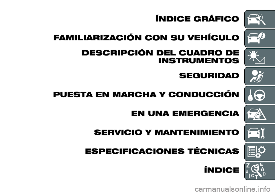 FIAT FULLBACK 2018 Manual de Empleo y Cuidado (in Spanish) ÍNDICE GRÁFICO
FAMILIARIZACIÓN CON SU VEHÍCULO
DESCRIPCIÓN DEL CUADRO DE
INSTRUMENTOS
SEGURIDAD
PUESTA EN MARCHA Y CONDUCCIÓN
EN UNA EMERGENCIA
SERVICIO Y MANTENIMIENTO
ESPECIFICACIONES TÉCNICA FIAT FULLBACK 2018 Manual de Empleo y Cuidado (in Spanish) ÍNDICE GRÁFICO
FAMILIARIZACIÓN CON SU VEHÍCULO
DESCRIPCIÓN DEL CUADRO DE
INSTRUMENTOS
SEGURIDAD
PUESTA EN MARCHA Y CONDUCCIÓN
EN UNA EMERGENCIA
SERVICIO Y MANTENIMIENTO
ESPECIFICACIONES TÉCNICA