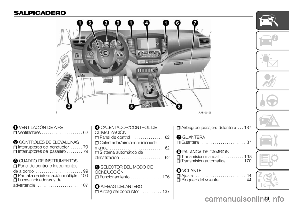 FIAT FULLBACK 2020  Manual de Empleo y Cuidado (in Spanish) ��
$)!/*’)-"#&
#!O\]^_]_a
VENTILACIÓN DE AIREVentiladores..................... 62
CONTROLES DE ELEVALUNASInterruptores del conductor...... 79Interruptores del pasajero........ 79
CUADRO DE IN