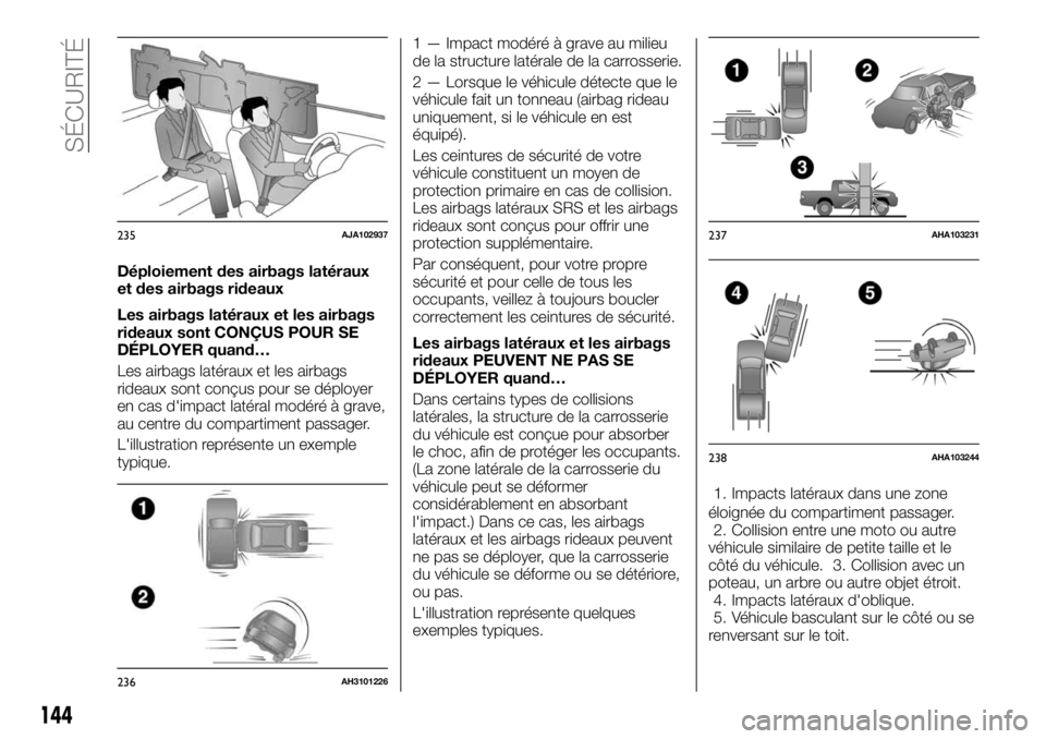 FIAT FULLBACK 2017 Notice dentretien (in French) Déploiement des airbags latéraux
et des airbags rideaux
Les airbags latéraux et les airbags
rideaux sont CONÇUS POUR SE
DÉPLOYER quand…
Les airbags latéraux et les airbags
rideaux sont conçus FIAT FULLBACK 2017 Notice dentretien (in French) Déploiement des airbags latéraux
et des airbags rideaux
Les airbags latéraux et les airbags
rideaux sont CONÇUS POUR SE
DÉPLOYER quand…
Les airbags latéraux et les airbags
rideaux sont conçus
