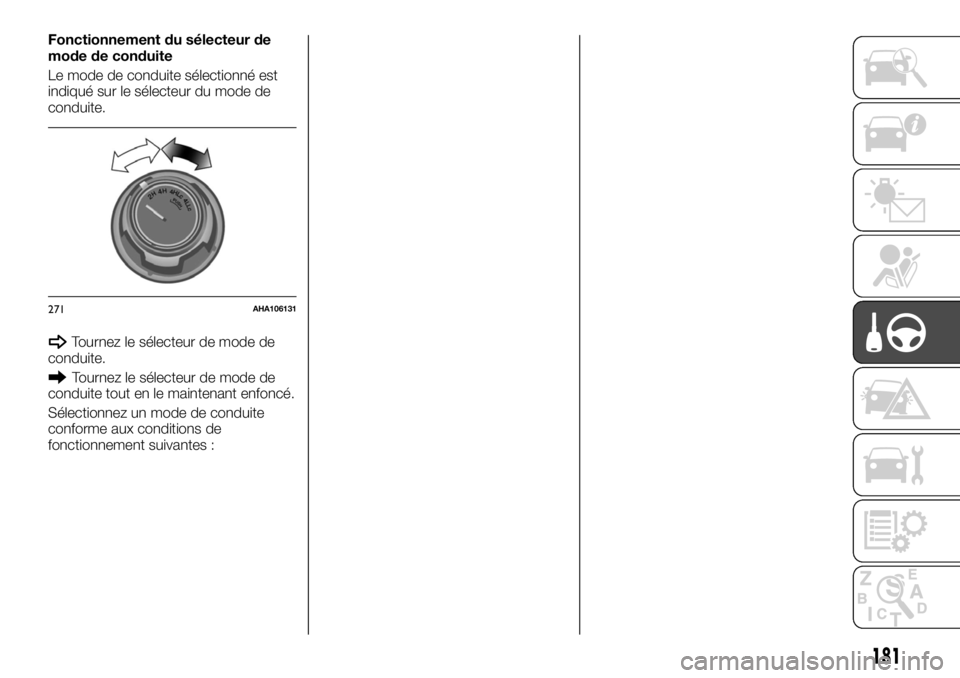 FIAT FULLBACK 2017 Notice dentretien (in French) Fonctionnement du sélecteur de
mode de conduite
Le mode de conduite sélectionné est
indiqué sur le sélecteur du mode de
conduite.
Tournez le sélecteur de mode de
conduite.
Tournez le sélecteur FIAT FULLBACK 2017 Notice dentretien (in French) Fonctionnement du sélecteur de
mode de conduite
Le mode de conduite sélectionné est
indiqué sur le sélecteur du mode de
conduite.
Tournez le sélecteur de mode de
conduite.
Tournez le sélecteur
