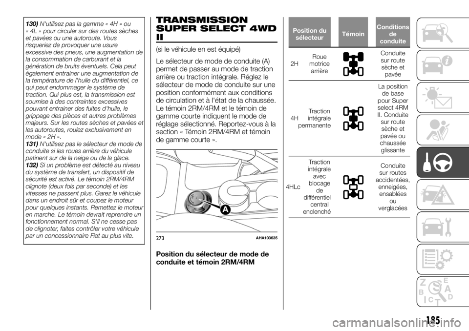 FIAT FULLBACK 2017 Notice dentretien (in French) 130)N'utilisez pas la gamme « 4H » ou
« 4L » pour circuler sur des routes sèches
et pavées ou une autoroute. Vous
risqueriez de provoquer une usure
excessive des pneus, une augmentation de
l FIAT FULLBACK 2017 Notice dentretien (in French) 130)N'utilisez pas la gamme « 4H » ou
« 4L » pour circuler sur des routes sèches
et pavées ou une autoroute. Vous
risqueriez de provoquer une usure
excessive des pneus, une augmentation de
l