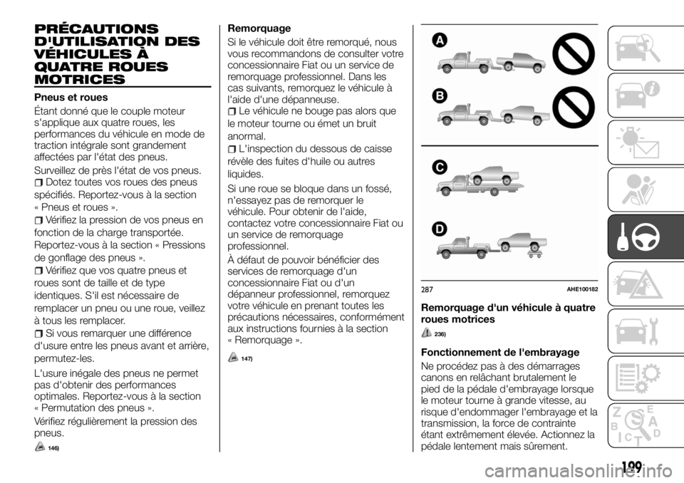 FIAT FULLBACK 2017 Notice dentretien (in French) PRÉCAUTIONS
D'UTILISATION DES
VÉHICULES À
QUATRE ROUES
MOTRICES
Pneus et roues
Étant donné que le couple moteur
s'applique aux quatre roues, les
performances du véhicule en mode de
tract FIAT FULLBACK 2017 Notice dentretien (in French) PRÉCAUTIONS
D'UTILISATION DES
VÉHICULES À
QUATRE ROUES
MOTRICES
Pneus et roues
Étant donné que le couple moteur
s'applique aux quatre roues, les
performances du véhicule en mode de
tract