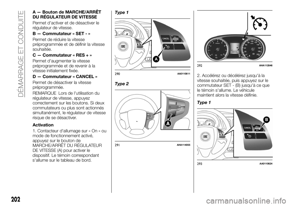 FIAT FULLBACK 2017 Notice dentretien (in French) A — Bouton de MARCHE/ARRÊT
DU RÉGULATEUR DE VITESSE
Permet d'activer et de désactiver le
régulateur de vitesse.
B — Commutateur « SET - »
Permet de réduire la vitesse
préprogrammée et FIAT FULLBACK 2017 Notice dentretien (in French) A — Bouton de MARCHE/ARRÊT
DU RÉGULATEUR DE VITESSE
Permet d'activer et de désactiver le
régulateur de vitesse.
B — Commutateur « SET - »
Permet de réduire la vitesse
préprogrammée et