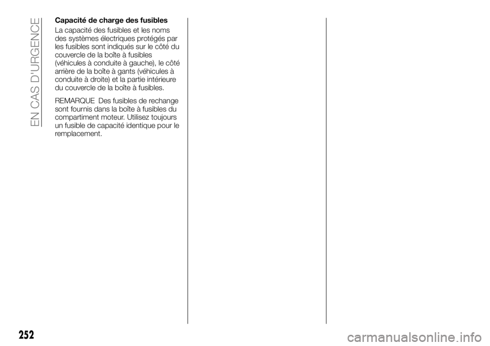 FIAT FULLBACK 2017 Notice dentretien (in French) Capacité de charge des fusibles
La capacité des fusibles et les noms
des systèmes électriques protégés par
les fusibles sont indiqués sur le côté du
couvercle de la boîte à fusibles
(véhic FIAT FULLBACK 2017 Notice dentretien (in French) Capacité de charge des fusibles
La capacité des fusibles et les noms
des systèmes électriques protégés par
les fusibles sont indiqués sur le côté du
couvercle de la boîte à fusibles
(véhic