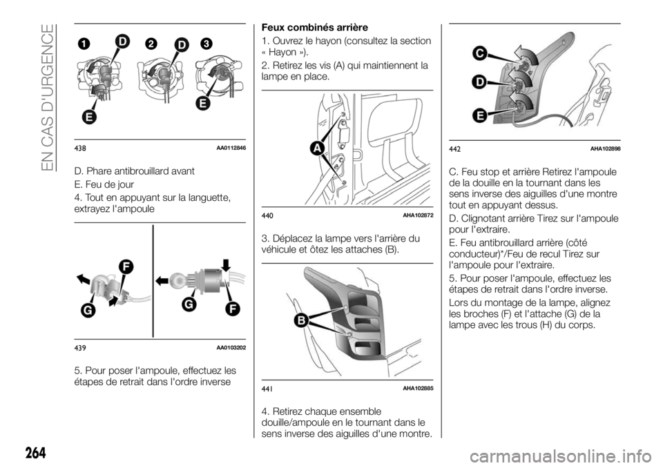 FIAT FULLBACK 2017 Notice dentretien (in French) D. Phare antibrouillard avant
E. Feu de jour
4. Tout en appuyant sur la languette,
extrayez l'ampoule
5. Pour poser l'ampoule, effectuez les
étapes de retrait dans l'ordre inverseFeux com FIAT FULLBACK 2017 Notice dentretien (in French) D. Phare antibrouillard avant
E. Feu de jour
4. Tout en appuyant sur la languette,
extrayez l'ampoule
5. Pour poser l'ampoule, effectuez les
étapes de retrait dans l'ordre inverseFeux com