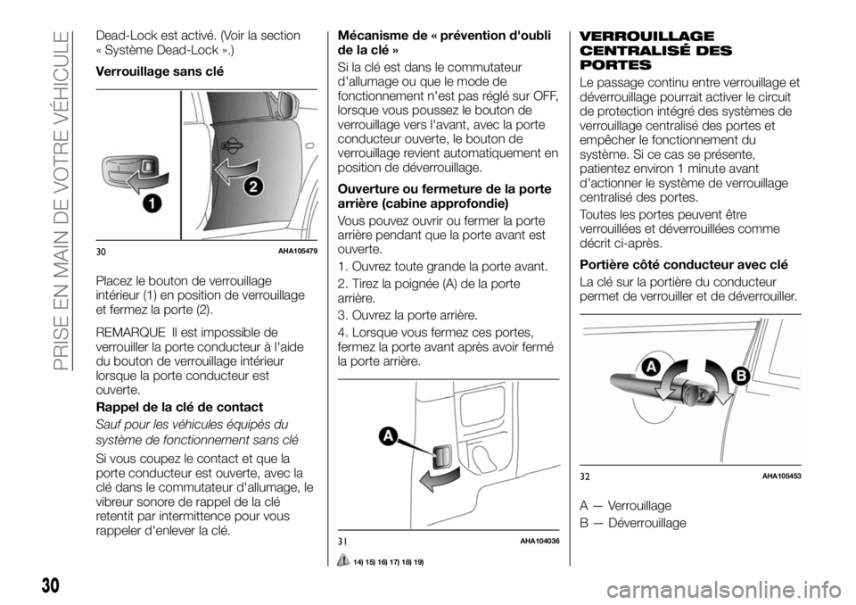 FIAT FULLBACK 2017  Notice dentretien (in French) Dead-Lock est activé. (Voir la section
« Système Dead-Lock ».)
Verrouillage sans clé
Placez le bouton de verrouillage
intérieur (1) en position de verrouillage
et fermez la porte (2).
REMARQUE I