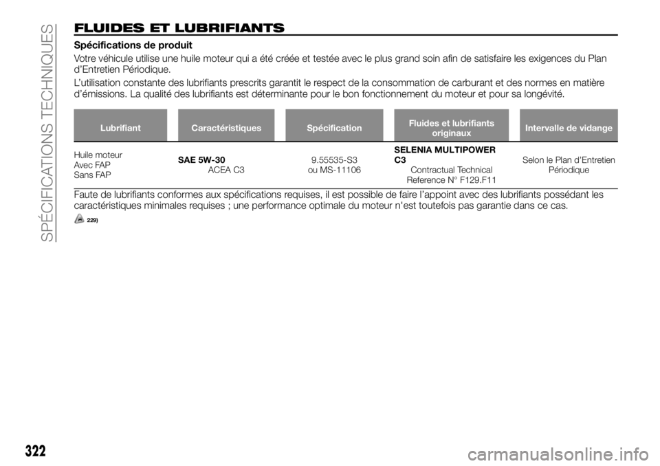 FIAT FULLBACK 2017  Notice dentretien (in French) FLUIDES ET LUBRIFIANTS
Spécifications de produit
Votre véhicule utilise une huile moteur qui a été créée et testée avec le plus grand soin afin de satisfaire les exigences du Plan
d’Entretien