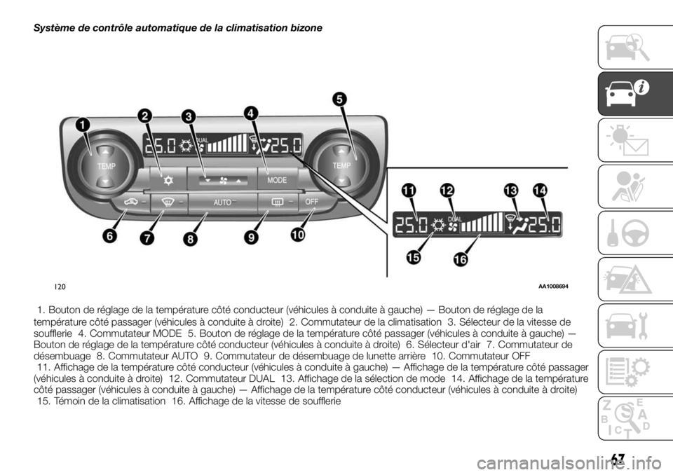 FIAT FULLBACK 2017 Notice dentretien (in French) Système de contrôle automatique de la climatisation bizone
1. Bouton de réglage de la température côté conducteur (véhicules à conduite à gauche) — Bouton de réglage de la
température cô FIAT FULLBACK 2017 Notice dentretien (in French) Système de contrôle automatique de la climatisation bizone
1. Bouton de réglage de la température côté conducteur (véhicules à conduite à gauche) — Bouton de réglage de la
température cô