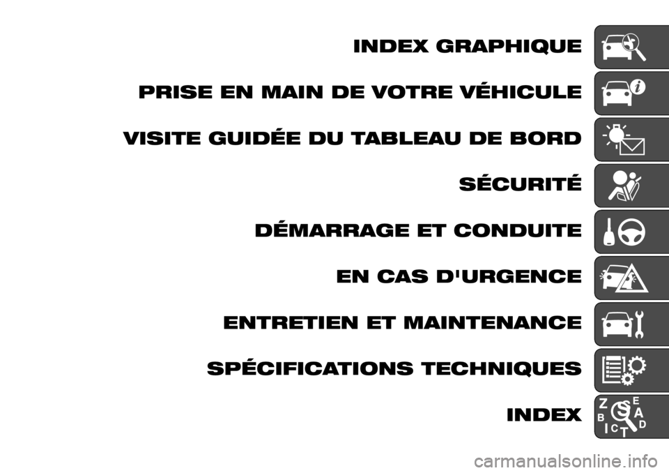 FIAT FULLBACK 2017  Notice dentretien (in French) INDEX GRAPHIQUE
PRISE EN MAIN DE VOTRE VÉHICULE
VISITE GUIDÉE DU TABLEAU DE BORD
SÉCURITÉ
DÉMARRAGE ET CONDUITE
EN CAS D'URGENCE
ENTRETIEN ET MAINTENANCE
SPÉCIFICATIONS TECHNIQUES
INDEX 