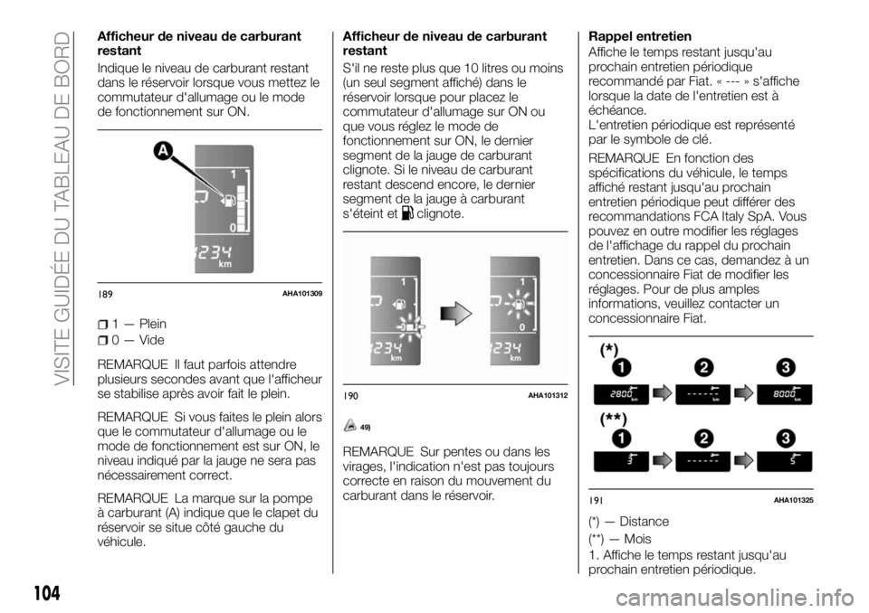 FIAT FULLBACK 2018 Notice dentretien (in French) Afficheur de niveau de carburant
restant
Indique le niveau de carburant restant
dans le réservoir lorsque vous mettez le
commutateur d'allumage ou le mode
de fonctionnement sur ON.
1 — Plein
0 FIAT FULLBACK 2018 Notice dentretien (in French) Afficheur de niveau de carburant
restant
Indique le niveau de carburant restant
dans le réservoir lorsque vous mettez le
commutateur d'allumage ou le mode
de fonctionnement sur ON.
1 — Plein
0