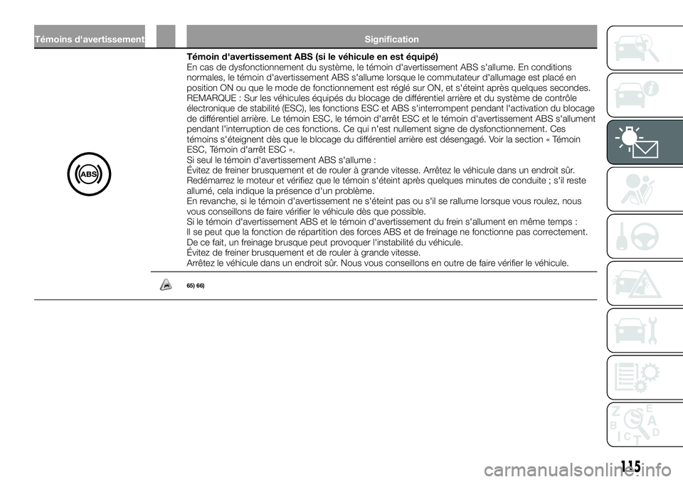 FIAT FULLBACK 2018 Notice dentretien (in French) Témoins d'avertissement Signification
Témoin d'avertissement ABS (si le véhicule en est équipé)
En cas de dysfonctionnement du système, le témoin d'avertissement ABS s'allume. E FIAT FULLBACK 2018 Notice dentretien (in French) Témoins d'avertissement Signification
Témoin d'avertissement ABS (si le véhicule en est équipé)
En cas de dysfonctionnement du système, le témoin d'avertissement ABS s'allume. E