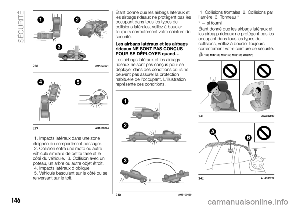 FIAT FULLBACK 2018 Notice dentretien (in French) 1. Impacts latéraux dans une zone
éloignée du compartiment passager.
2. Collision entre une moto ou autre
véhicule similaire de petite taille et le
côté du véhicule. 3. Collision avec un
poteau FIAT FULLBACK 2018 Notice dentretien (in French) 1. Impacts latéraux dans une zone
éloignée du compartiment passager.
2. Collision entre une moto ou autre
véhicule similaire de petite taille et le
côté du véhicule. 3. Collision avec un
poteau