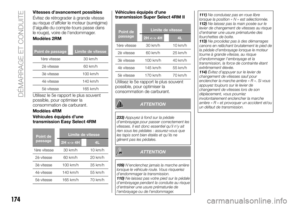 FIAT FULLBACK 2018 Notice dentretien (in French) Vitesses d'avancement possibles
Évitez de rétrograder à grande vitesse
au risque d'affoler le moteur (surrégime)
(l'aiguille du compte-tours passe dans
le rouge), voire de l'endomm FIAT FULLBACK 2018 Notice dentretien (in French) Vitesses d'avancement possibles
Évitez de rétrograder à grande vitesse
au risque d'affoler le moteur (surrégime)
(l'aiguille du compte-tours passe dans
le rouge), voire de l'endomm