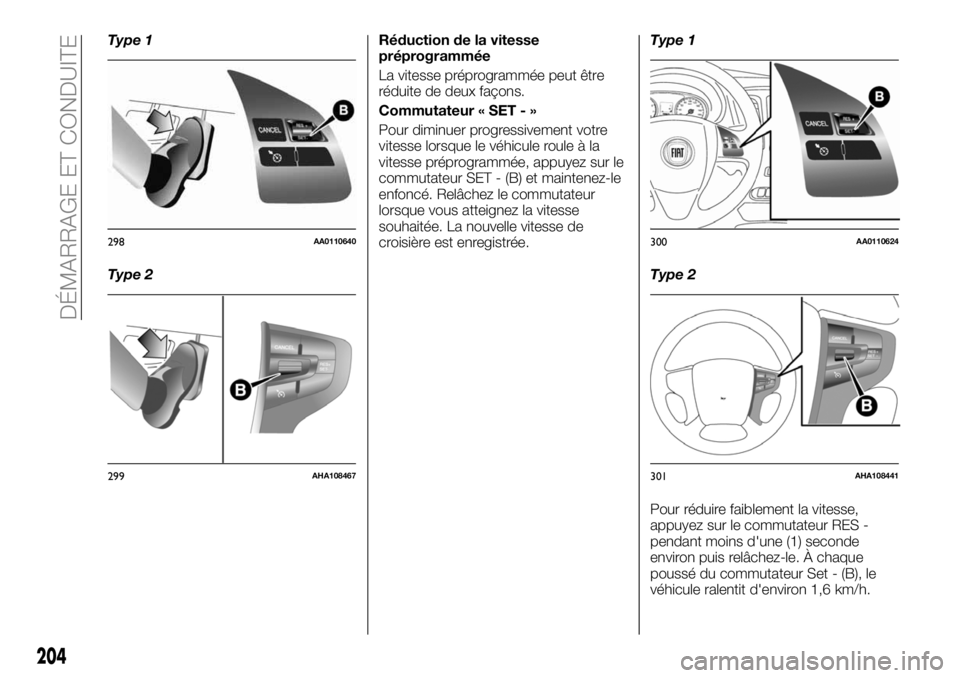 FIAT FULLBACK 2018 Notice dentretien (in French) Type 1
Type 2Réduction de la vitesse
préprogrammée
La vitesse préprogrammée peut être
réduite de deux façons.
Commutateur « SET - »
Pour diminuer progressivement votre
vitesse lorsque le vé FIAT FULLBACK 2018 Notice dentretien (in French) Type 1
Type 2Réduction de la vitesse
préprogrammée
La vitesse préprogrammée peut être
réduite de deux façons.
Commutateur « SET - »
Pour diminuer progressivement votre
vitesse lorsque le vé