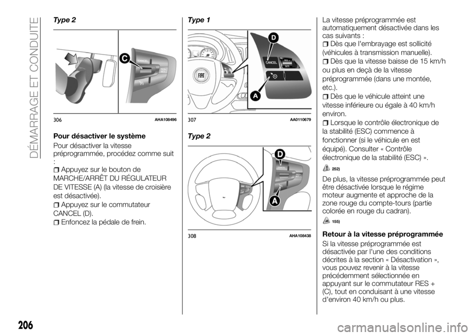 FIAT FULLBACK 2018 Notice dentretien (in French) Type 2
Pour désactiver le système
Pour désactiver la vitesse
préprogrammée, procédez comme suit
:
Appuyez sur le bouton de
MARCHE/ARRÊT DU RÉGULATEUR
DE VITESSE (A) (la vitesse de croisière
e FIAT FULLBACK 2018 Notice dentretien (in French) Type 2
Pour désactiver le système
Pour désactiver la vitesse
préprogrammée, procédez comme suit
:
Appuyez sur le bouton de
MARCHE/ARRÊT DU RÉGULATEUR
DE VITESSE (A) (la vitesse de croisière
e