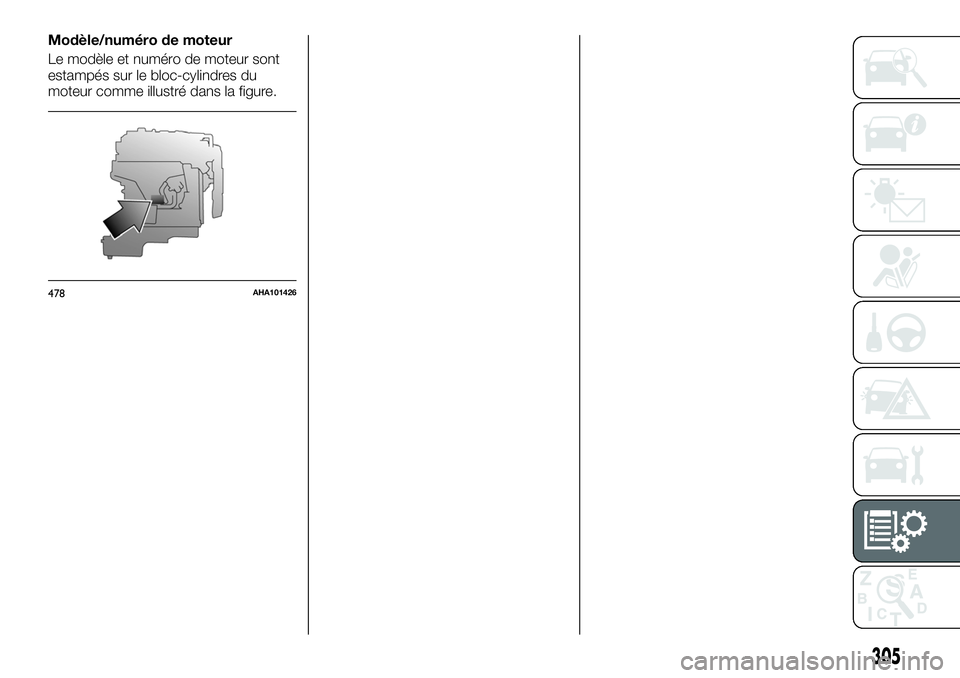 FIAT FULLBACK 2018  Notice dentretien (in French) Modèle/numéro de moteur
Le modèle et numéro de moteur sont
estampés sur le bloc-cylindres du
moteur comme illustré dans la figure.
478AHA101426
305 
