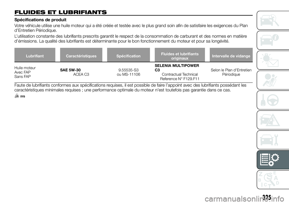 FIAT FULLBACK 2018 Notice dentretien (in French) FLUIDES ET LUBRIFIANTS
Spécifications de produit
Votre véhicule utilise une huile moteur qui a été créée et testée avec le plus grand soin afin de satisfaire les exigences du Plan
d’Entretien FIAT FULLBACK 2018 Notice dentretien (in French) FLUIDES ET LUBRIFIANTS
Spécifications de produit
Votre véhicule utilise une huile moteur qui a été créée et testée avec le plus grand soin afin de satisfaire les exigences du Plan
d’Entretien