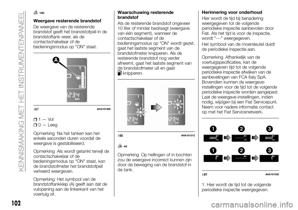 FIAT FULLBACK 2017 Instructieboek (in Dutch) 108)
Weergave resterende brandstof
De weergave van de resterende
brandstof geeft het brandstofpeil in de
brandstoftank weer, als de
contactschakelaar of de
bedieningsmodus op "ON" staat.
1—V FIAT FULLBACK 2017 Instructieboek (in Dutch) 108)
Weergave resterende brandstof
De weergave van de resterende
brandstof geeft het brandstofpeil in de
brandstoftank weer, als de
contactschakelaar of de
bedieningsmodus op "ON" staat.
1—V