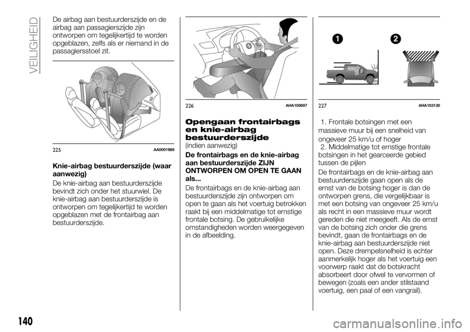 FIAT FULLBACK 2017 Instructieboek (in Dutch) De airbag aan bestuurderszijde en de
airbag aan passagierszijde zijn
ontworpen om tegelijkertijd te worden
opgeblazen, zelfs als er niemand in de
passagiersstoel zit.
Knie-airbag bestuurderszijde (waa FIAT FULLBACK 2017 Instructieboek (in Dutch) De airbag aan bestuurderszijde en de
airbag aan passagierszijde zijn
ontworpen om tegelijkertijd te worden
opgeblazen, zelfs als er niemand in de
passagiersstoel zit.
Knie-airbag bestuurderszijde (waa