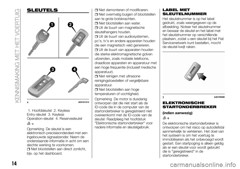 FIAT FULLBACK 2017 Instructieboek (in Dutch) SLEUTELS
1. Hoofdsleutel 2. Keyless
Entry-sleutel 3. Keyless
Operation-sleutel 4. Reservesleutel
1)
Opmerking De sleutel is een
elektronisch precisieonderdeel met een
ingebouwde signaalzender. Neem de FIAT FULLBACK 2017 Instructieboek (in Dutch) SLEUTELS
1. Hoofdsleutel 2. Keyless
Entry-sleutel 3. Keyless
Operation-sleutel 4. Reservesleutel
1)
Opmerking De sleutel is een
elektronisch precisieonderdeel met een
ingebouwde signaalzender. Neem de