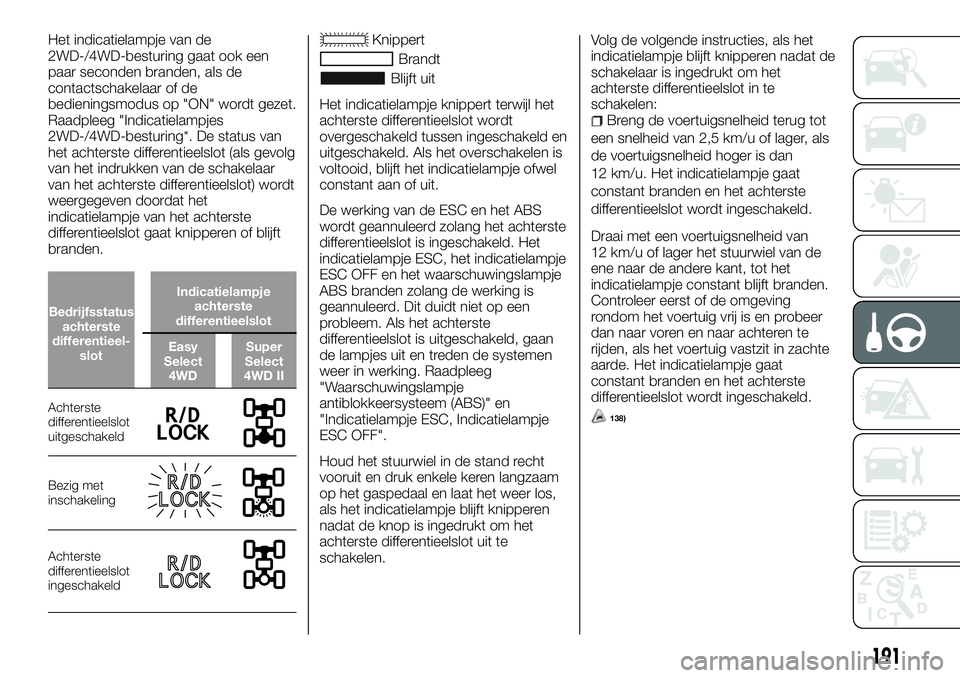 FIAT FULLBACK 2017 Instructieboek (in Dutch) Het indicatielampje van de
2WD-/4WD-besturing gaat ook een
paar seconden branden, als de
contactschakelaar of de
bedieningsmodus op "ON" wordt gezet.
Raadpleeg "Indicatielampjes
2WD-/4WD-b FIAT FULLBACK 2017 Instructieboek (in Dutch) Het indicatielampje van de
2WD-/4WD-besturing gaat ook een
paar seconden branden, als de
contactschakelaar of de
bedieningsmodus op "ON" wordt gezet.
Raadpleeg "Indicatielampjes
2WD-/4WD-b