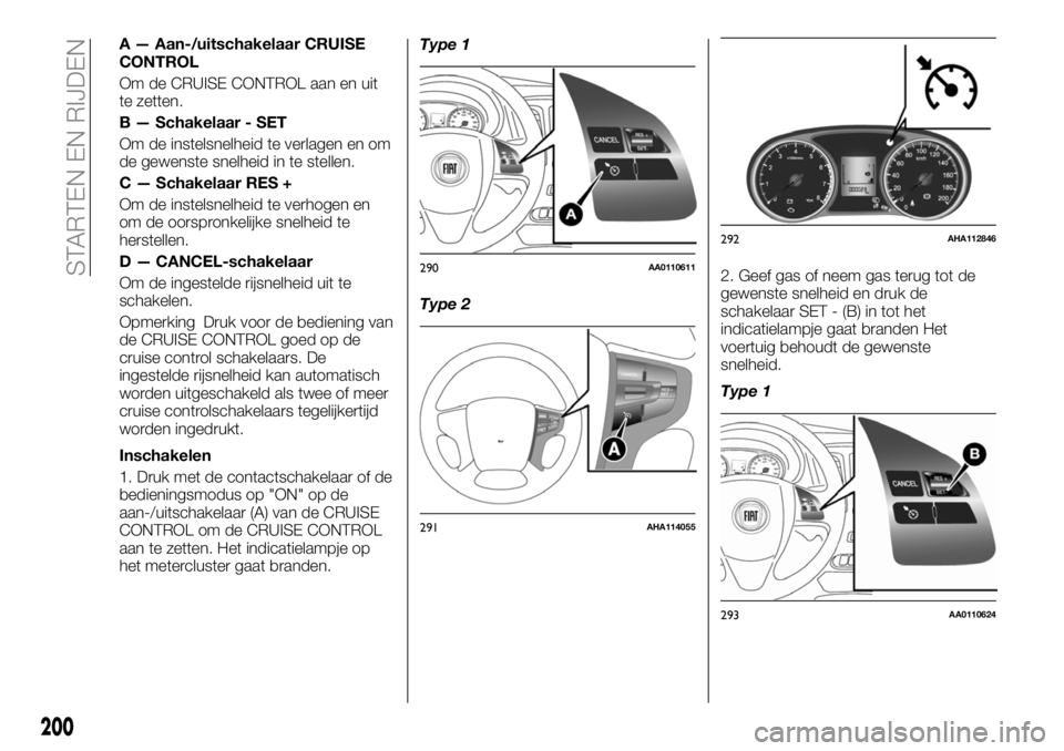 FIAT FULLBACK 2017 Instructieboek (in Dutch) A — Aan-/uitschakelaar CRUISE
CONTROL
Om de CRUISE CONTROL aan en uit
te zetten.
B — Schakelaar - SET
Om de instelsnelheid te verlagen en om
de gewenste snelheid in te stellen.
C — Schakelaar RE FIAT FULLBACK 2017 Instructieboek (in Dutch) A — Aan-/uitschakelaar CRUISE
CONTROL
Om de CRUISE CONTROL aan en uit
te zetten.
B — Schakelaar - SET
Om de instelsnelheid te verlagen en om
de gewenste snelheid in te stellen.
C — Schakelaar RE