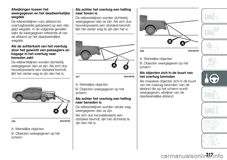 FIAT FULLBACK 2017 Instructieboek (in Dutch) Afwijkingen tussen het
weergegeven en het daadwerkelijke
wegdek
De referentielijnen voor afstand en
voertuigbreedte gebaseerd op een vlak,
glad wegdek. In de volgende gevallen
wijkt de weergegeven ref FIAT FULLBACK 2017 Instructieboek (in Dutch) Afwijkingen tussen het
weergegeven en het daadwerkelijke
wegdek
De referentielijnen voor afstand en
voertuigbreedte gebaseerd op een vlak,
glad wegdek. In de volgende gevallen
wijkt de weergegeven ref