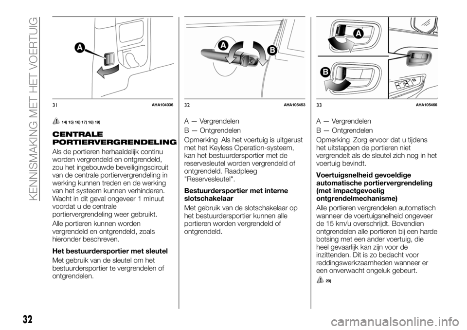 FIAT FULLBACK 2017  Instructieboek (in Dutch) 14) 15) 16) 17) 18) 19)
CENTRALE
PORTIERVERGRENDELING
Als de portieren herhaaldelijk continu
worden vergrendeld en ontgrendeld,
zou het ingebouwde beveiligingscircuit
van de centrale portiervergrendel