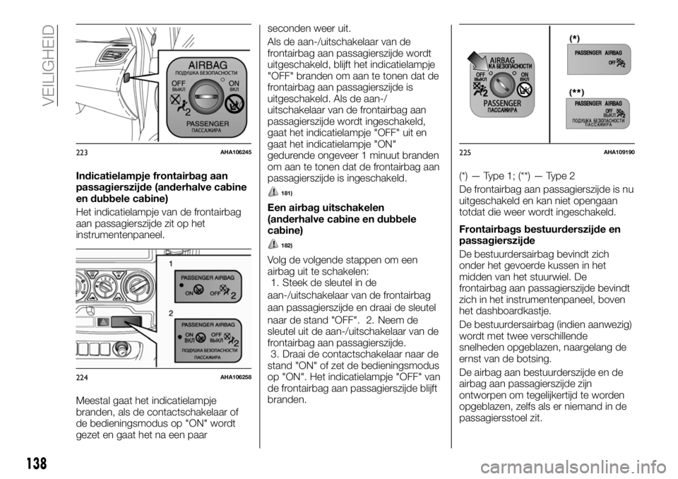 FIAT FULLBACK 2018  Instructieboek (in Dutch) Indicatielampje frontairbag aan
passagierszijde (anderhalve cabine
en dubbele cabine)
Het indicatielampje van de frontairbag
aan passagierszijde zit op het
instrumentenpaneel.
Meestal gaat het indicat