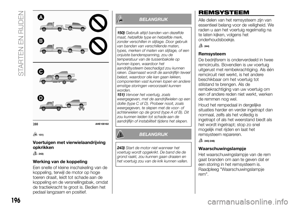 FIAT FULLBACK 2018 Instructieboek (in Dutch) 151)
Voertuigen met vierwielaandrijving
opkrikken
243)
Werking van de koppeling
Een snelle of kleine inschakeling van de
koppeling, terwijl de motor op hoge
toeren draait, leidt tot schade aan de
kopp FIAT FULLBACK 2018 Instructieboek (in Dutch) 151)
Voertuigen met vierwielaandrijving
opkrikken
243)
Werking van de koppeling
Een snelle of kleine inschakeling van de
koppeling, terwijl de motor op hoge
toeren draait, leidt tot schade aan de
kopp