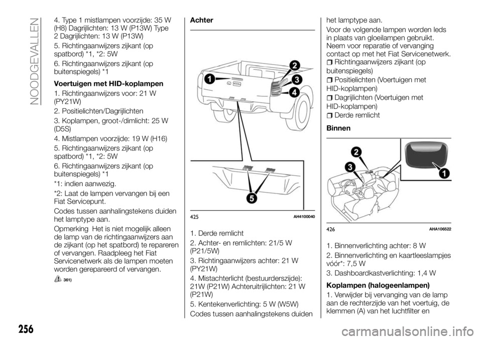 FIAT FULLBACK 2018  Instructieboek (in Dutch) 4. Type 1 mistlampen voorzijde: 35 W
(H8) Dagrijlichten: 13 W (P13W) Type
2 Dagrijlichten: 13 W (P13W)
5. Richtingaanwijzers zijkant (op
spatbord) *1, *2: 5W
6. Richtingaanwijzers zijkant (op
buitensp