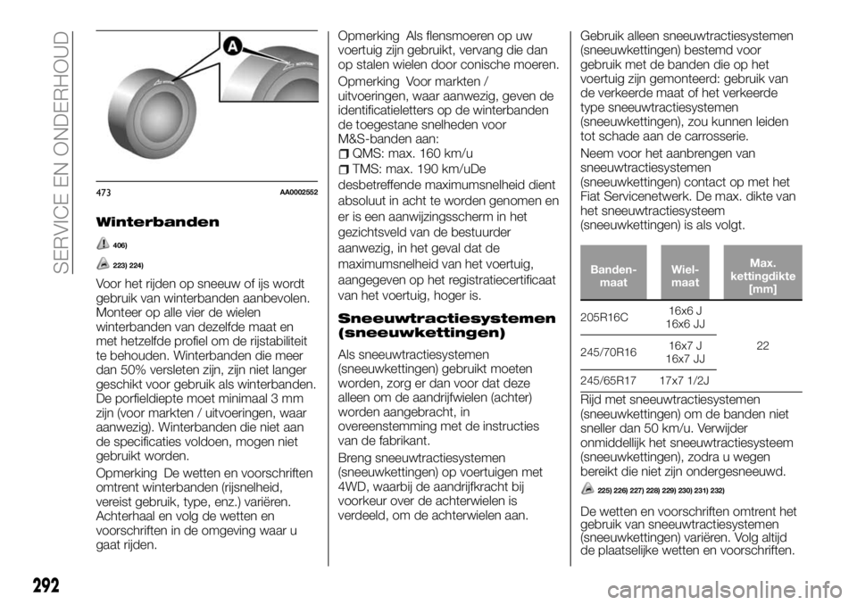 FIAT FULLBACK 2018 Instructieboek (in Dutch) Winterbanden
406)
223) 224)
Voor het rijden op sneeuw of ijs wordt
gebruik van winterbanden aanbevolen.
Monteer op alle vier de wielen
winterbanden van dezelfde maat en
met hetzelfde profiel om de rij FIAT FULLBACK 2018 Instructieboek (in Dutch) Winterbanden
406)
223) 224)
Voor het rijden op sneeuw of ijs wordt
gebruik van winterbanden aanbevolen.
Monteer op alle vier de wielen
winterbanden van dezelfde maat en
met hetzelfde profiel om de rij