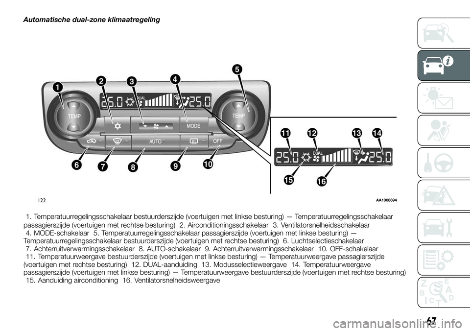 FIAT FULLBACK 2018  Instructieboek (in Dutch) Automatische dual-zone klimaatregeling
1. Temperatuurregelingsschakelaar bestuurderszijde (voertuigen met linkse besturing) — Temperatuurregelingsschakelaar
passagierszijde (voertuigen met rechtse b