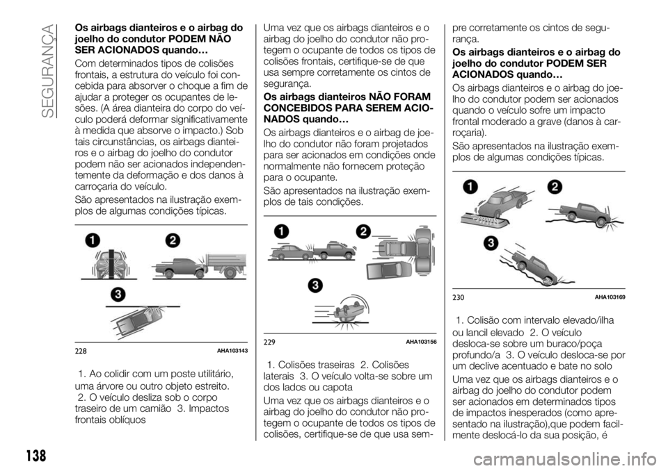 FIAT FULLBACK 2017 Manual de Uso e Manutenção (in Portuguese) Os airbags dianteiros e o airbag do
joelho do condutor PODEM NÃO
SER ACIONADOS quando…
Com determinados tipos de colisões
frontais, a estrutura do veículo foi con-
cebida para absorver o choque a FIAT FULLBACK 2017 Manual de Uso e Manutenção (in Portuguese) Os airbags dianteiros e o airbag do
joelho do condutor PODEM NÃO
SER ACIONADOS quando…
Com determinados tipos de colisões
frontais, a estrutura do veículo foi con-
cebida para absorver o choque a