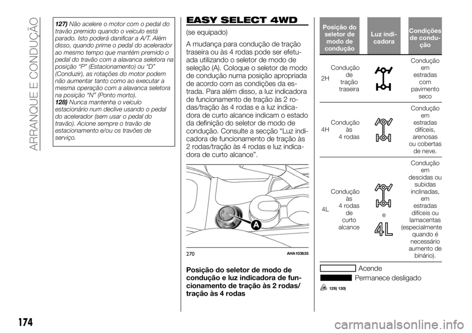 FIAT FULLBACK 2017 Manual de Uso e Manutenção (in Portuguese) 127)Não acelere o motor com o pedal do
travão premido quando o veículo está
parado. Isto poderá danificar a A/T. Além
disso, quando prime o pedal do acelerador
ao mesmo tempo que mantém premido FIAT FULLBACK 2017 Manual de Uso e Manutenção (in Portuguese) 127)Não acelere o motor com o pedal do
travão premido quando o veículo está
parado. Isto poderá danificar a A/T. Além
disso, quando prime o pedal do acelerador
ao mesmo tempo que mantém premido