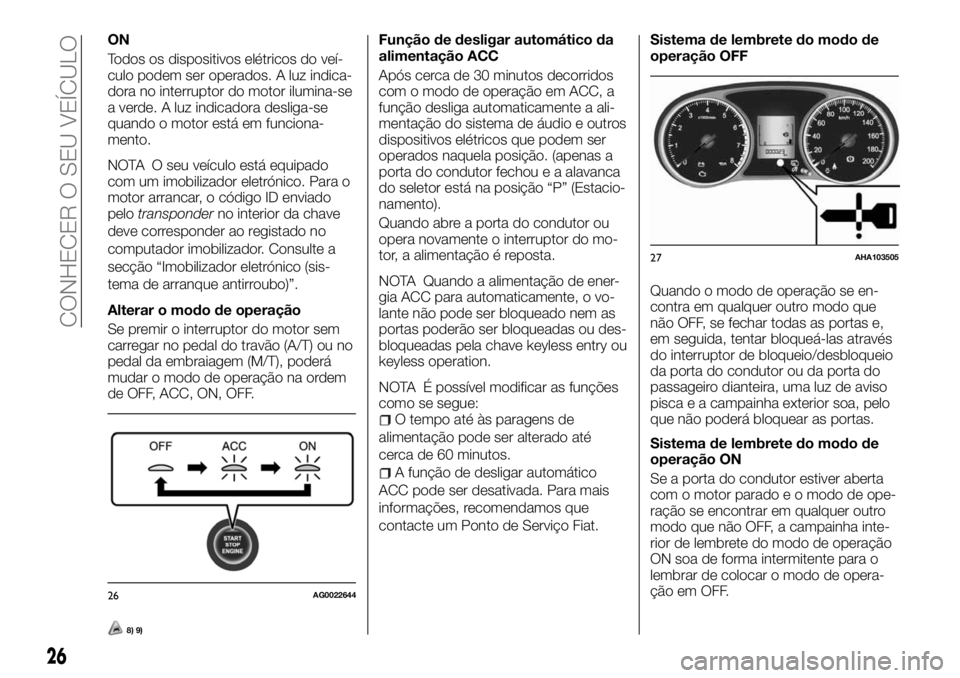 FIAT FULLBACK 2017 Manual de Uso e Manutenção (in Portuguese) ON
Todos os dispositivos elétricos do veí-
culo podem ser operados. A luz indica-
dora no interruptor do motor ilumina-se
a verde. A luz indicadora desliga-se
quando o motor está em funciona-
mento FIAT FULLBACK 2017 Manual de Uso e Manutenção (in Portuguese) ON
Todos os dispositivos elétricos do veí-
culo podem ser operados. A luz indica-
dora no interruptor do motor ilumina-se
a verde. A luz indicadora desliga-se
quando o motor está em funciona-
mento
