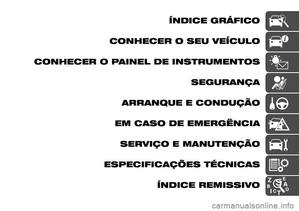 FIAT FULLBACK 2017  Manual de Uso e Manutenção (in Portuguese) ÍNDICE GRÁFICO
CONHECER O SEU VEÍCULO
CONHECER O PAINEL DE INSTRUMENTOS
SEGURANÇA
ARRANQUE E CONDUÇÃO
EM CASO DE EMERGÊNCIA
SERVIÇO E MANUTENÇÃO
ESPECIFICAÇÕES TÉCNICAS
ÍNDICE REMISSIVO 